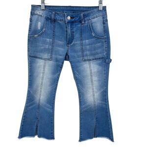 LITZ Premium Denim Blue Crop Flare Carpenter Jean Front Slit Distressed LP-40109